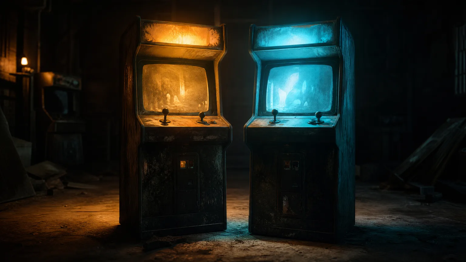 Two old arcade cabinets glowing in a dark arcade