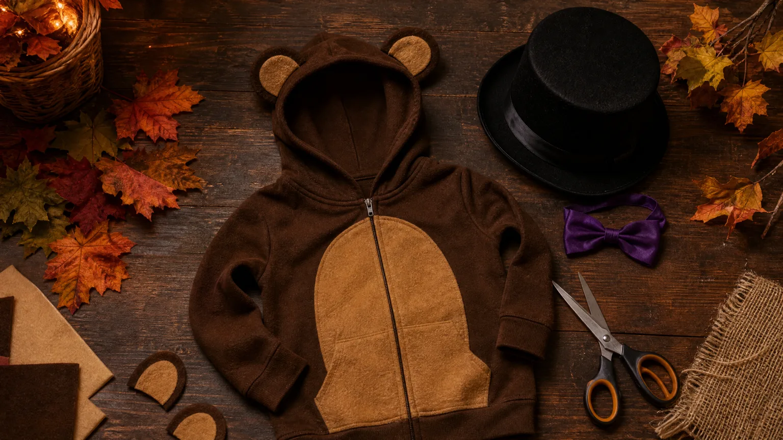 A DIY bear costume flat lay with a top hat, bow tie and felt ears