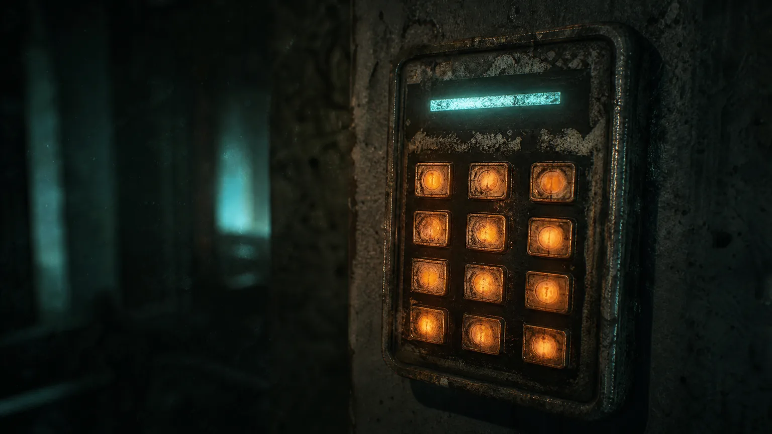 A worn retro keypad glowing on a dark concrete wall