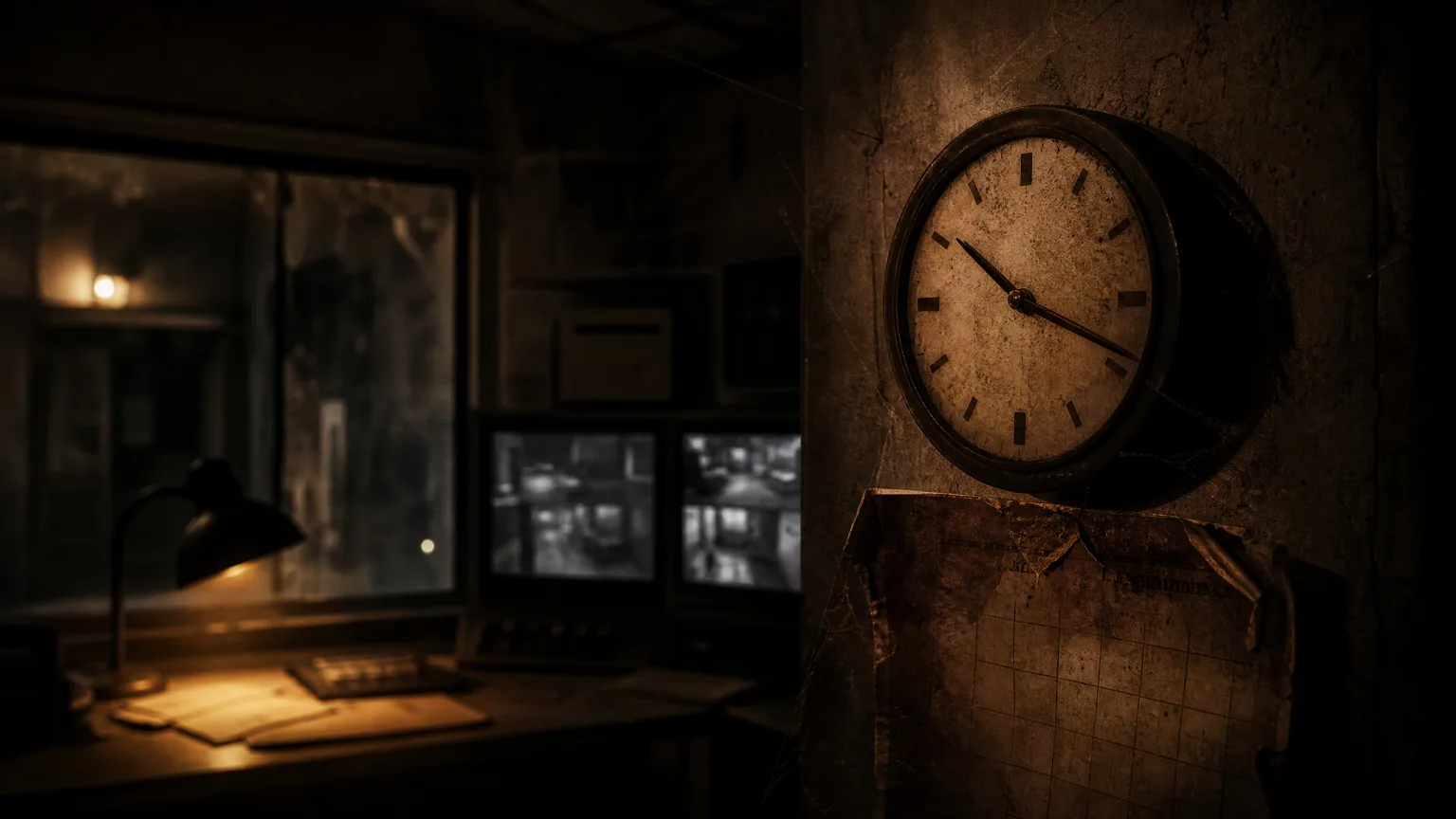 An old wall clock and a torn calendar in a haunted security office