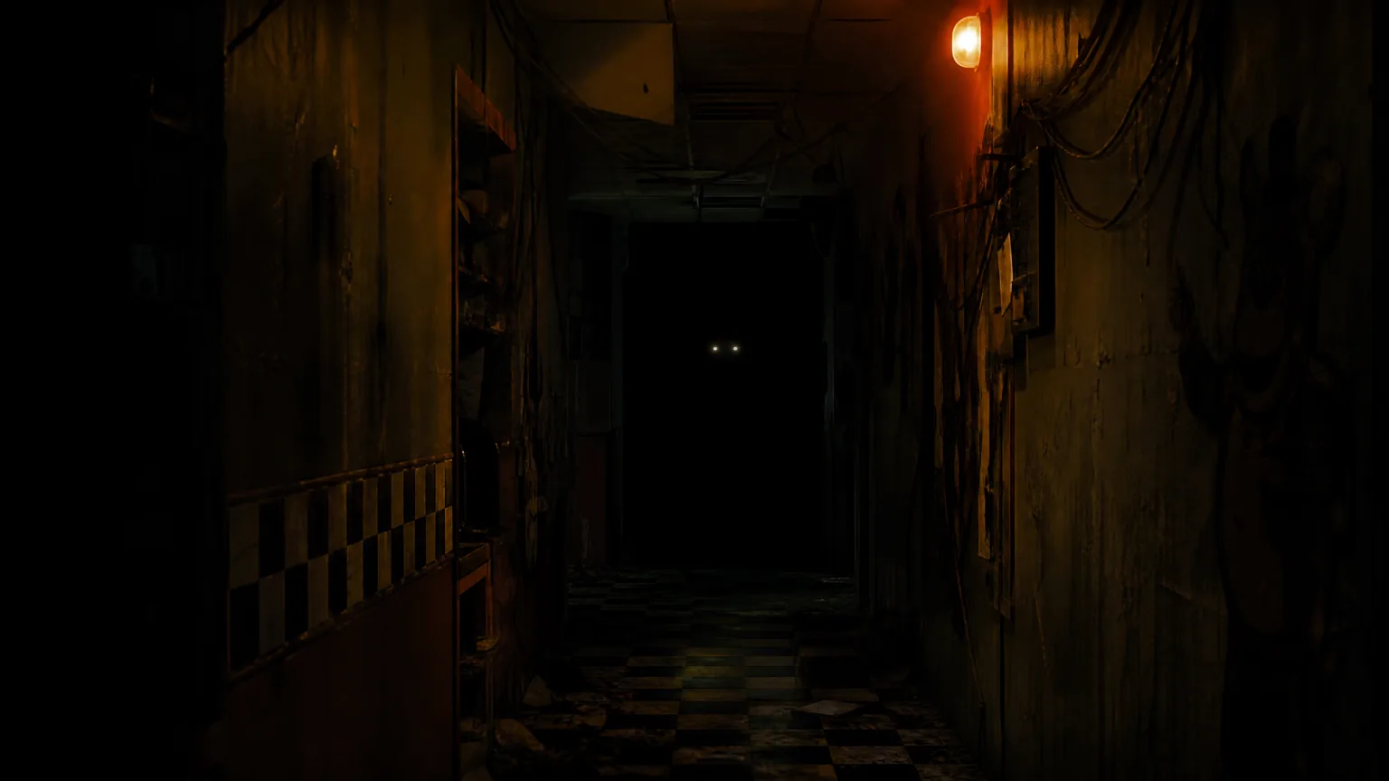 A dark hallway with two faint glowing eyes at the far end