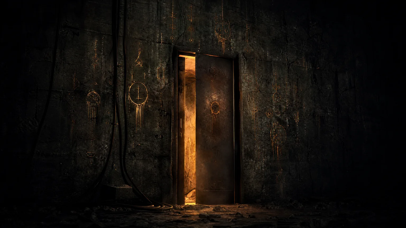 A hidden metal door with glowing symbols in a concrete wall