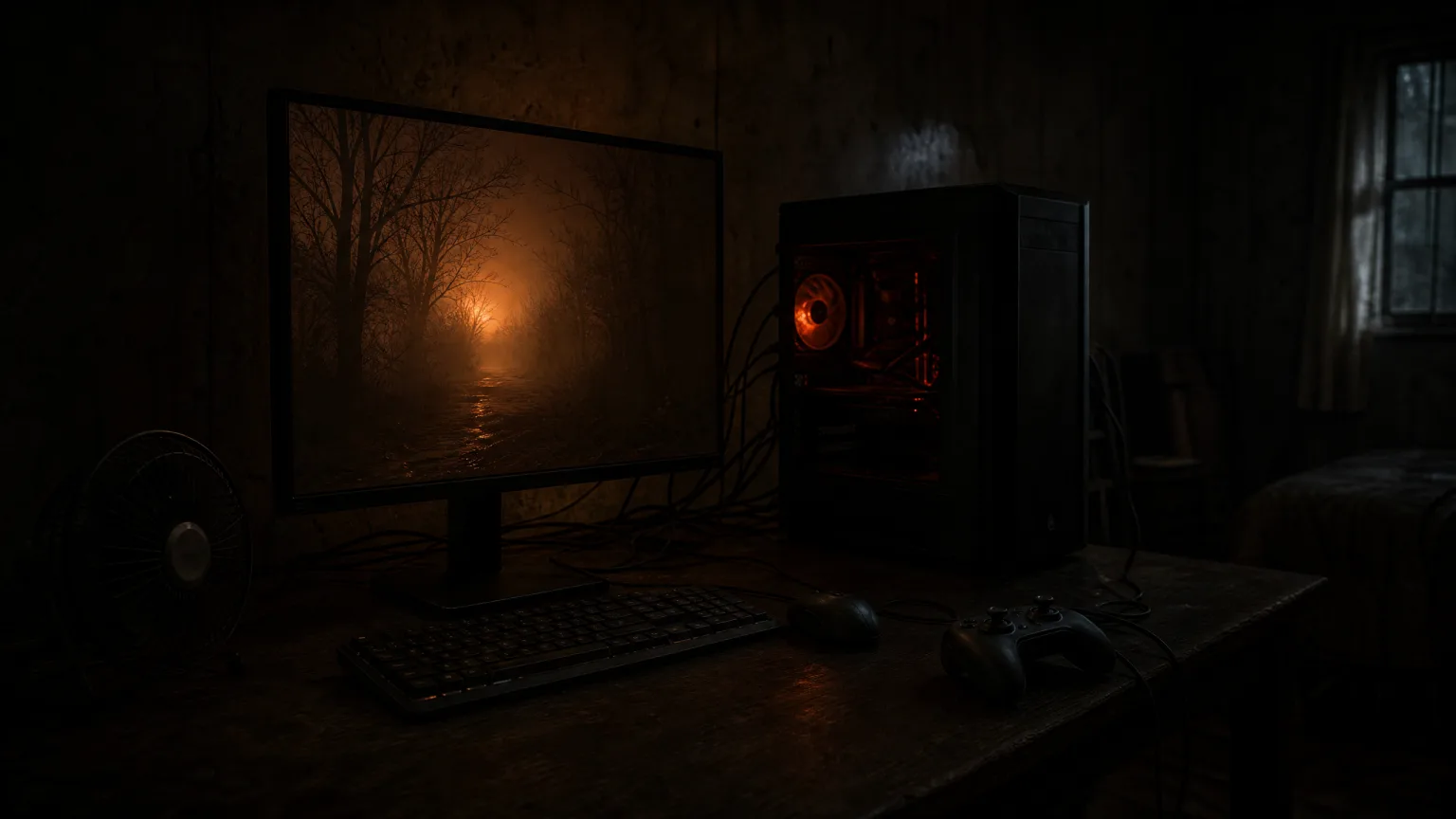 A modest gaming PC setup glowing in a dark room