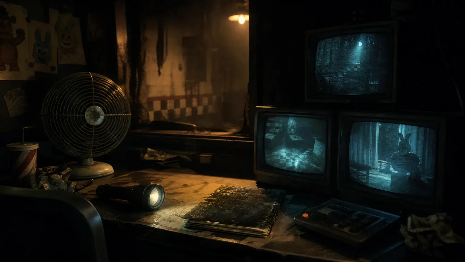 A cluttered security desk with monitors, a fan and a flashlight