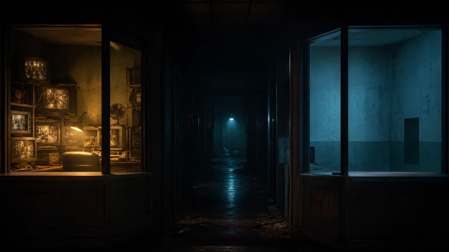 Two security offices facing each other across a dark hallway